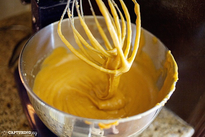 pumpkin muffin batter in a stand mixer